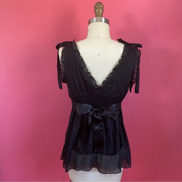 Vintage 90s/Y2K Vampire Coquette Ruffled Empire Waist Shimmery Tie Back Tank ~M - Picture 11 of 13